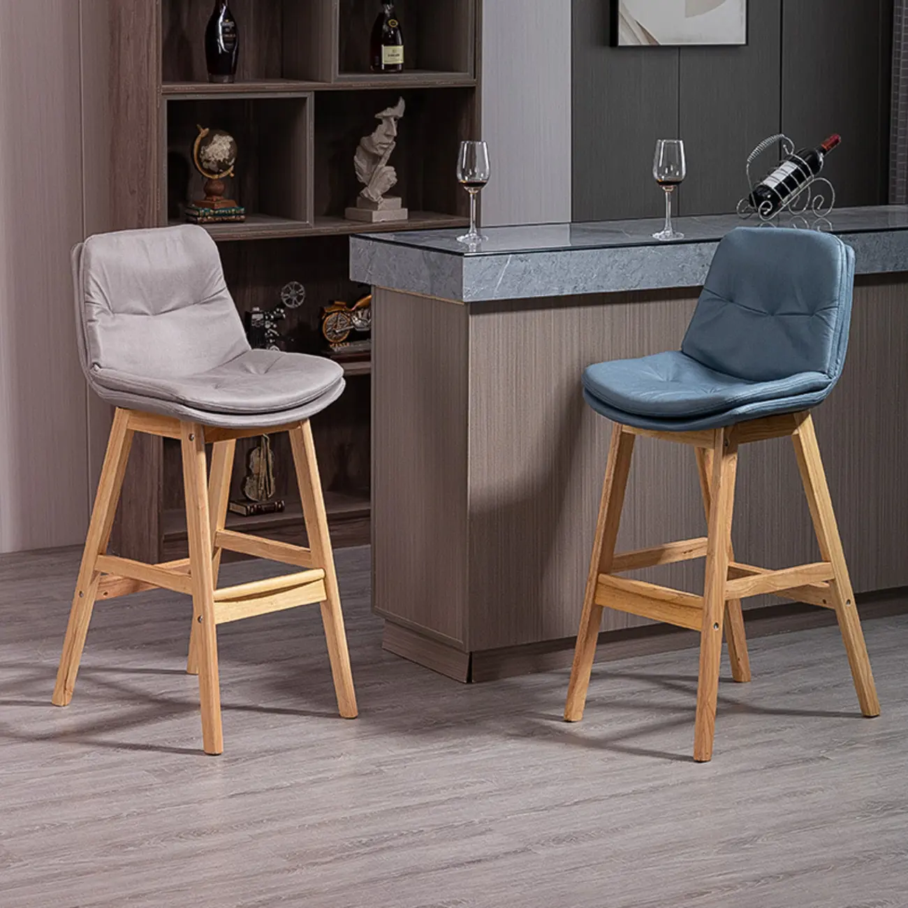 Scandinavian Wood Frame Leather Ergonomic Bucket Bar Stool Image - 2 | homeyfad