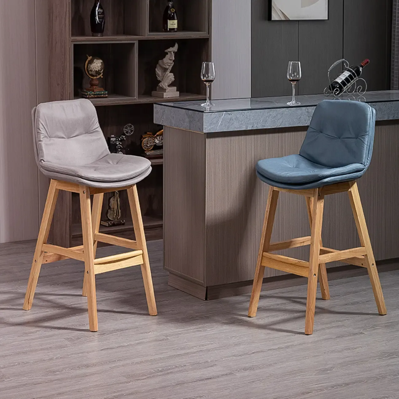 Scandinavian Wood Frame Leather Ergonomic Bucket Bar Stool Image - 2