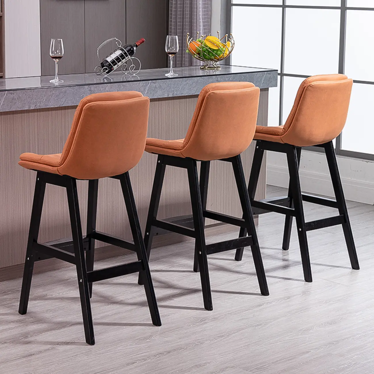 Scandinavian Wood Frame Leather Ergonomic Bucket Bar Stool Image - 4 | homeyfad