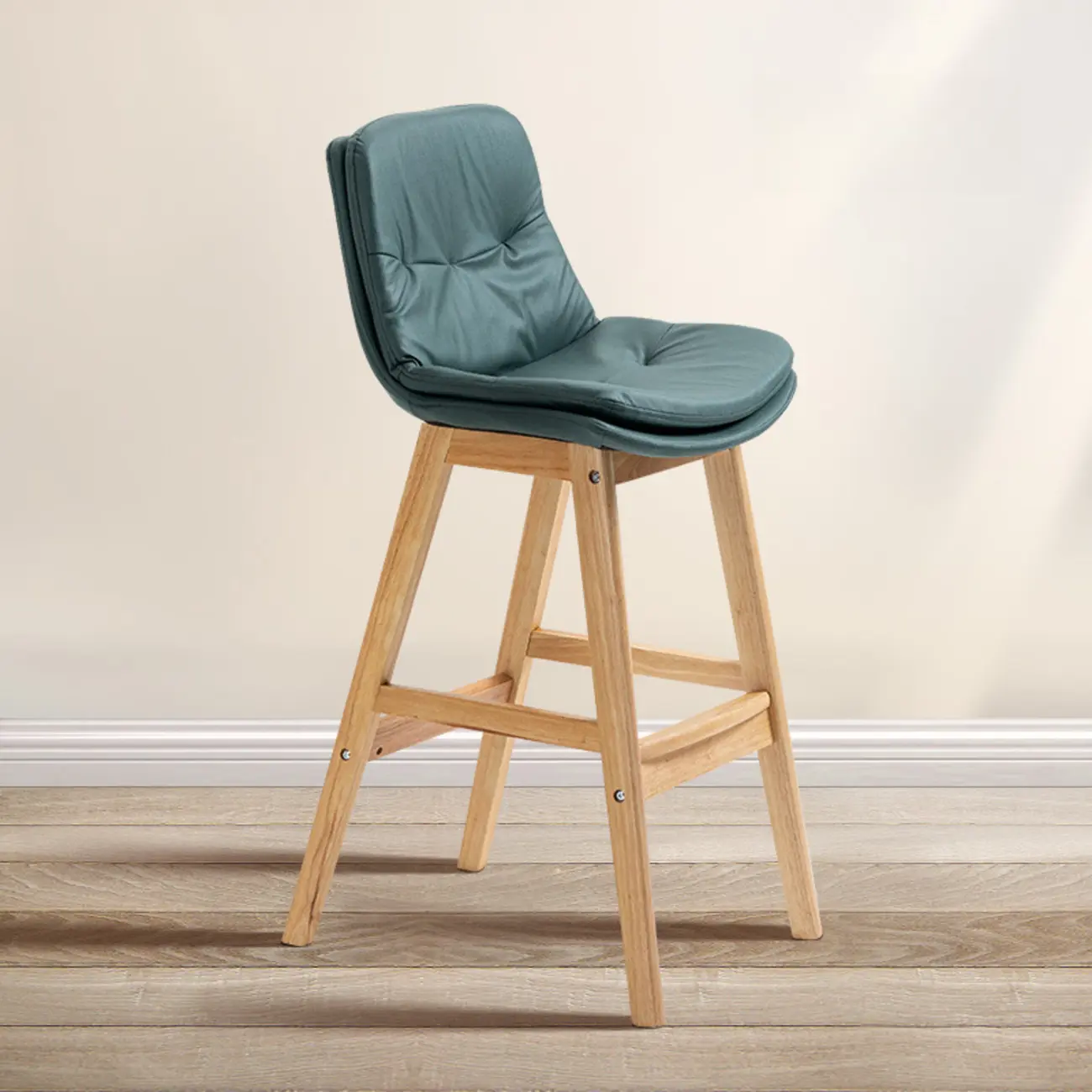 Scandinavian Wood Frame Leather Ergonomic Bucket Bar Stool Image - 6 | homeyfad