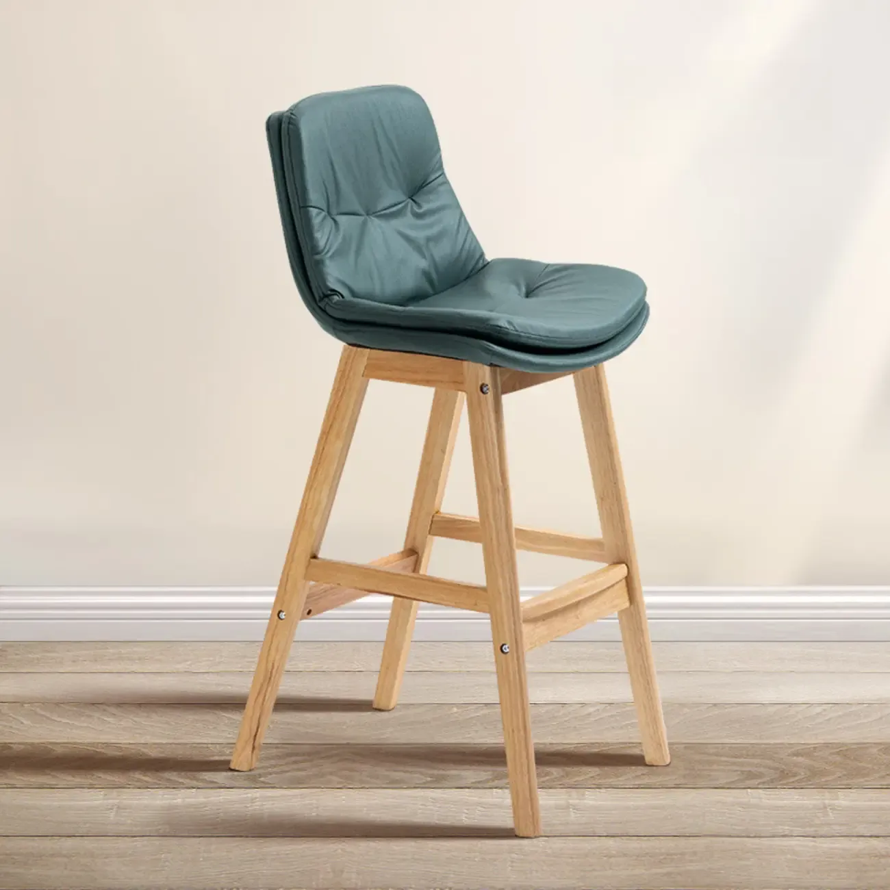 Scandinavian Wood Frame Leather Ergonomic Bucket Bar Stool Image - 5