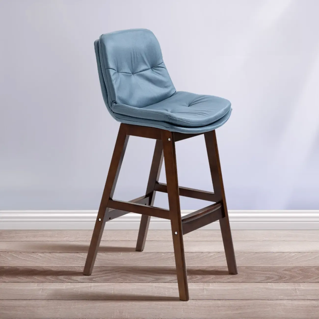 Scandinavian Wood Frame Leather Ergonomic Bucket Bar Stool Image - 7