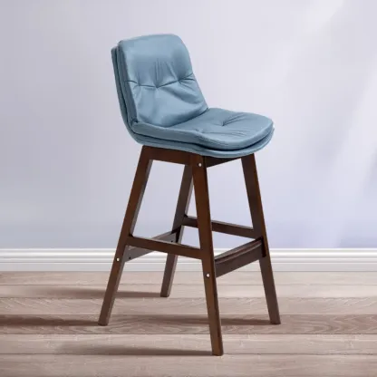 Scandinavian Wood Frame Leather Ergonomic Bucket Bar Stool Image - 7