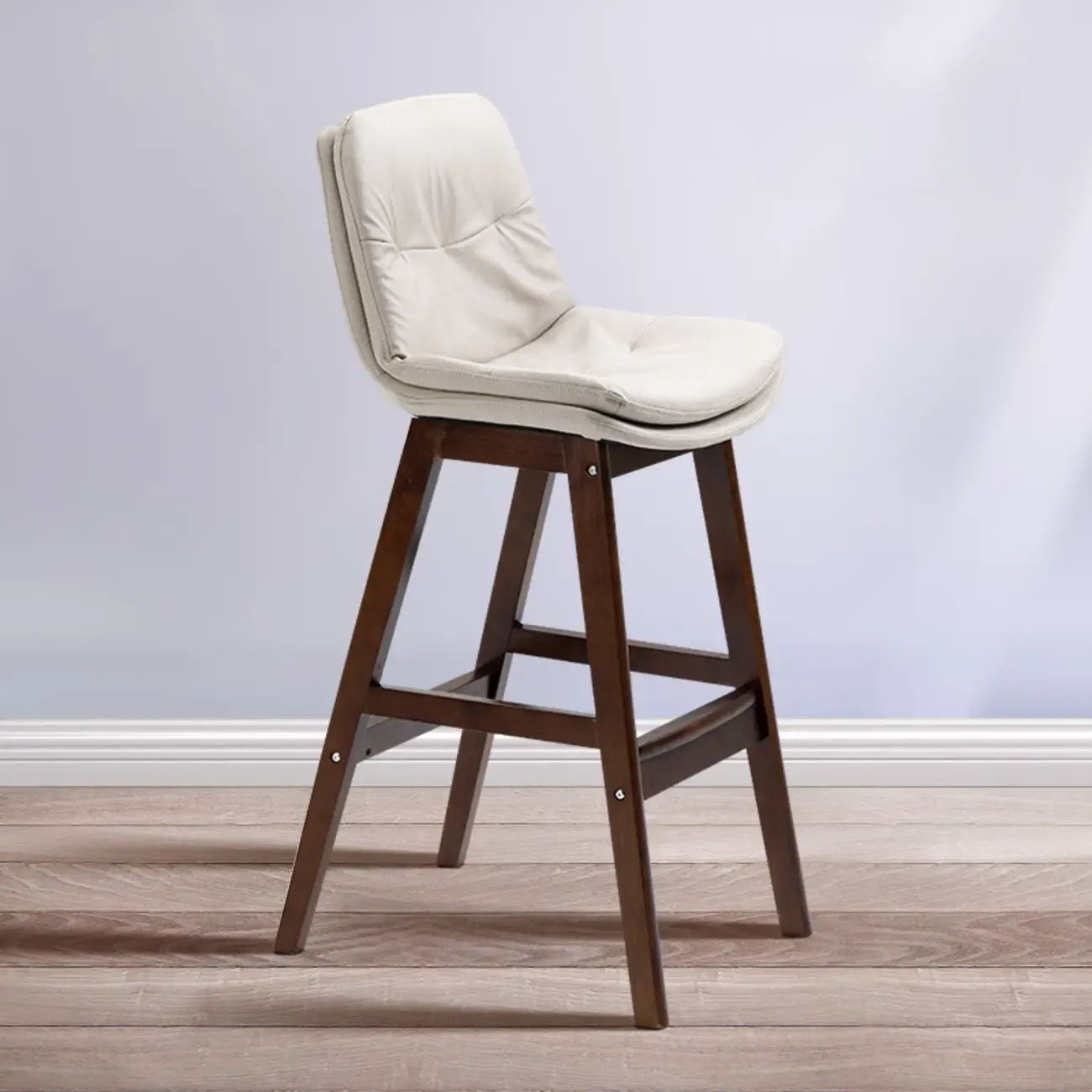Scandinavian Wood Frame Leather Ergonomic Bucket Bar Stool Image - 9