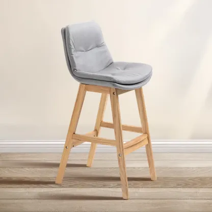 Scandinavian Wood Frame Leather Ergonomic Bucket Bar Stool Image - 11