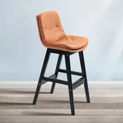 Scandinavian Wood Frame Leather Ergonomic Bucket Bar Stool Image - 12