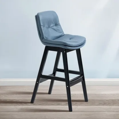 Scandinavian Wood Frame Leather Ergonomic Bucket Bar Stool Image - 17