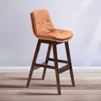 Scandinavian Wood Frame Leather Ergonomic Bucket Bar Stool Image - 19