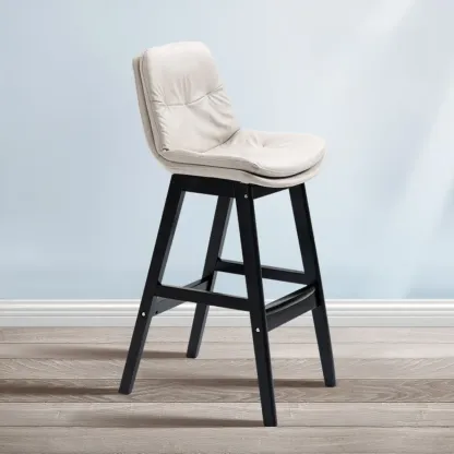 Scandinavian Wood Frame Leather Ergonomic Bucket Bar Stool Image - 21