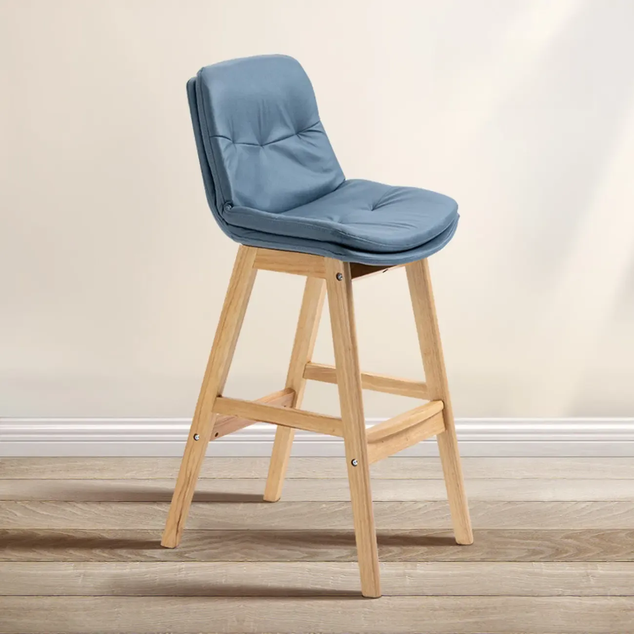 Scandinavian Wood Frame Leather Ergonomic Bucket Bar Stool Image - 25