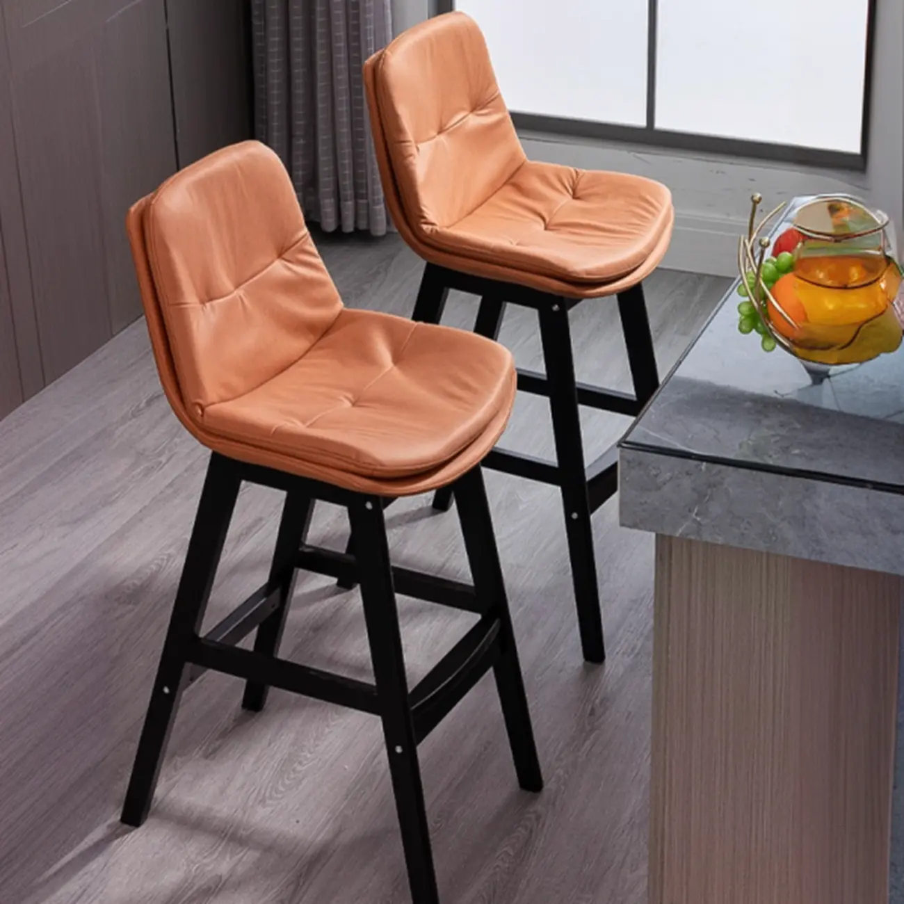 Scandinavian Wood Frame Leather Ergonomic Bucket Bar Stool Image - 3 | homeyfad