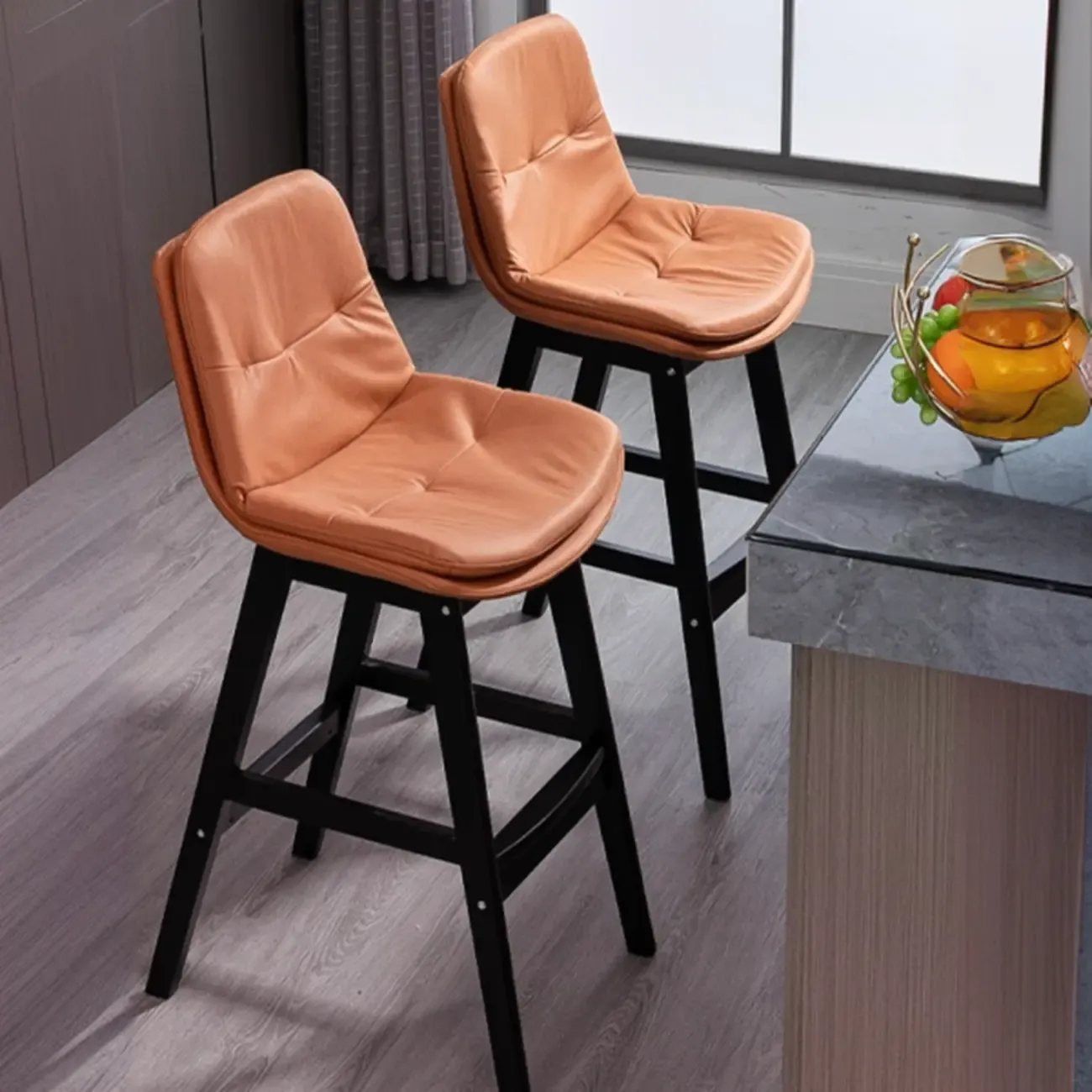 Scandinavian Wood Frame Leather Ergonomic Bucket Bar Stool Image - 3