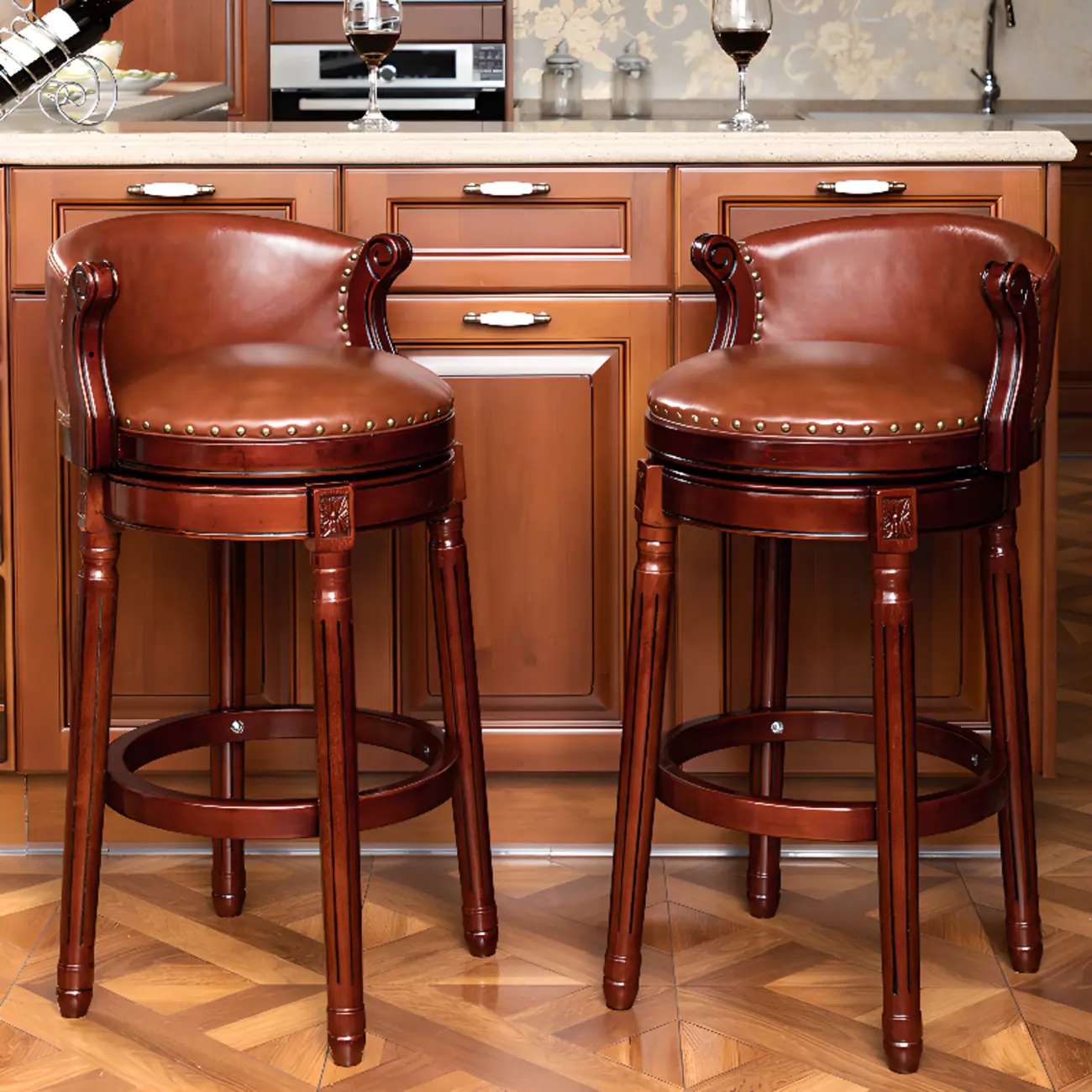 Solid Wood Genuine Leather Swivel Counter Height Bar Stools Image - 1 | homeyfad