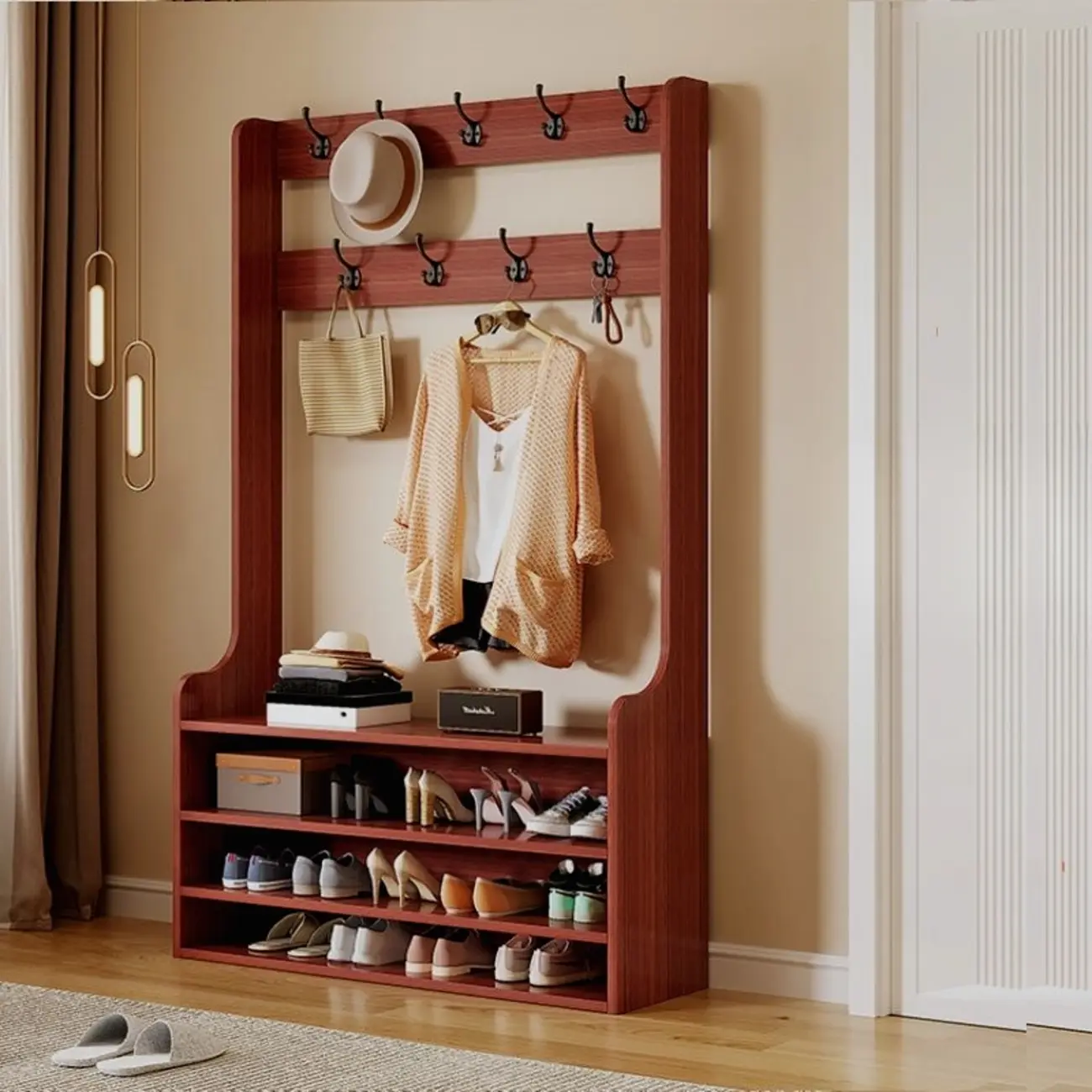 39"L Modern Wooden Hall Tree with Bench & Shoe Storage Image - 2 | homeyfad