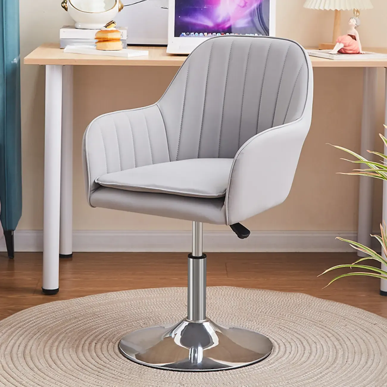 Sleek Grey Leather Swivel Office Chair Image - 2