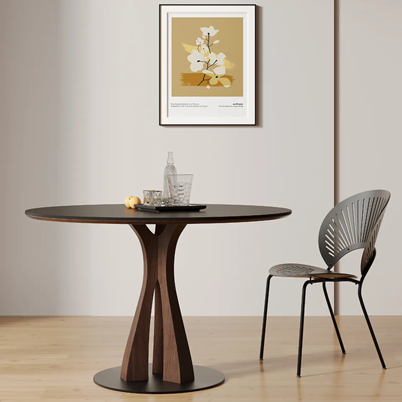 Matte Black Stone Ash Pedestal Round Dining Table Image - 1 | homeyfad