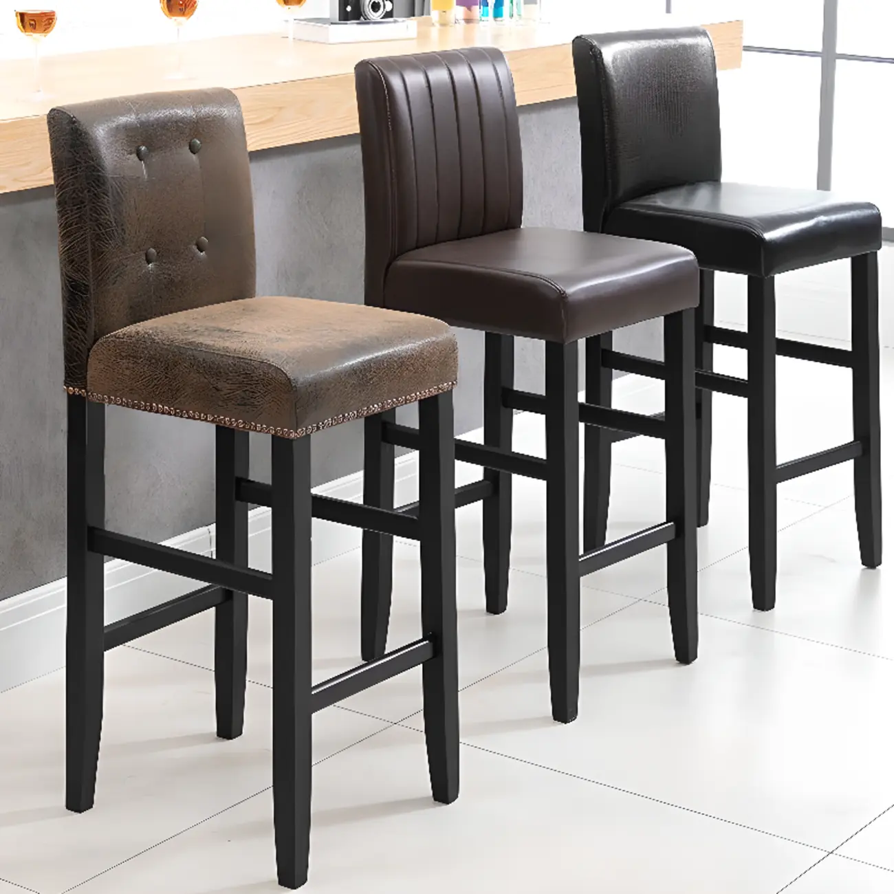 Traditional Square Espresso Wood Leather Upholstered Bar Stool Image - 1 | homeyfad