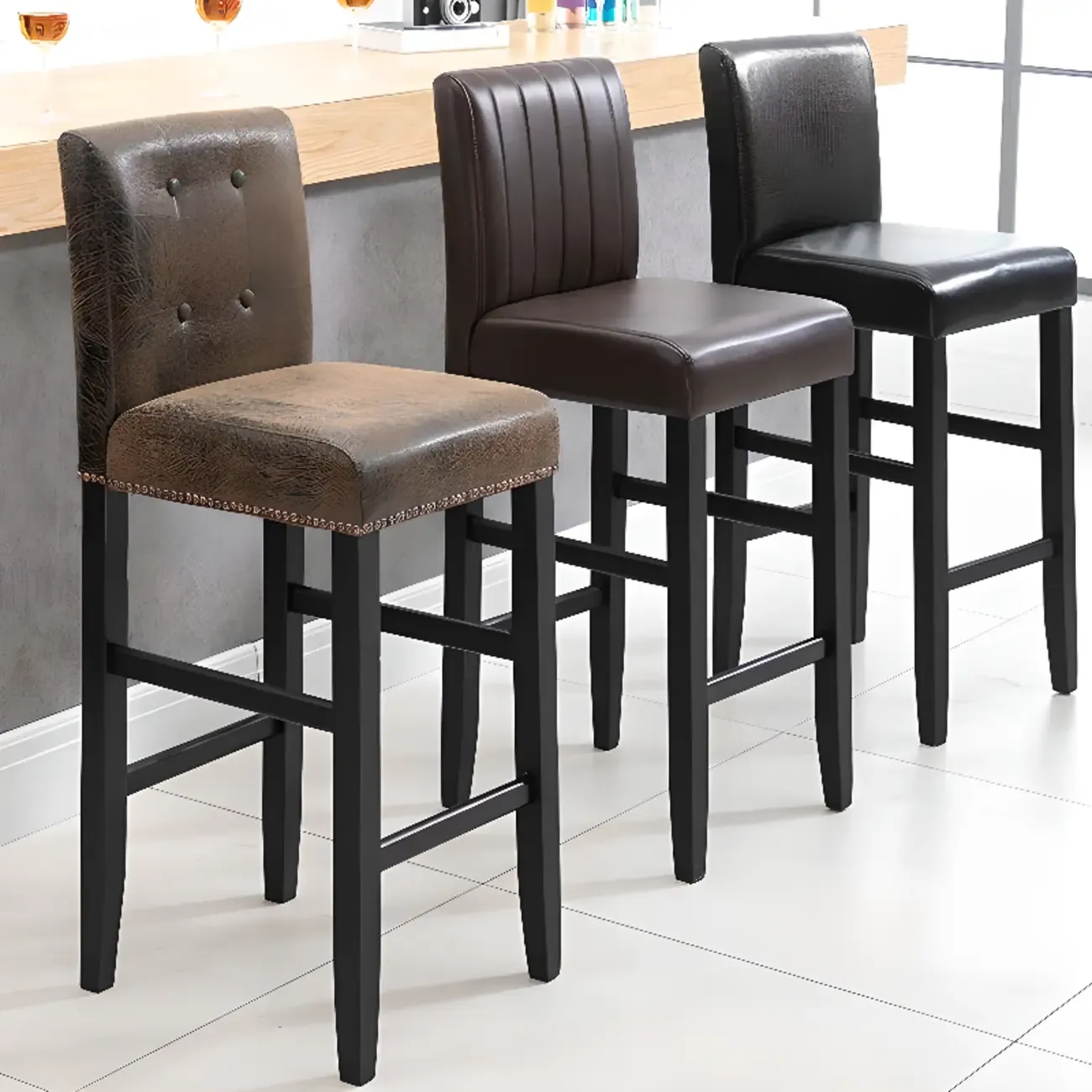 Traditional Square Espresso Wood Leather Upholstered Bar Stool Image - 1