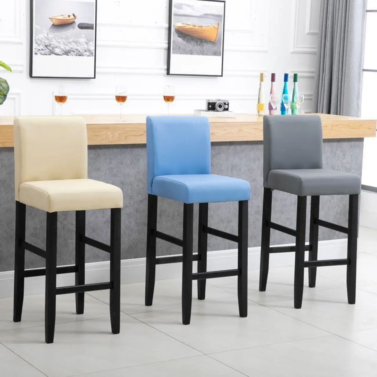 Traditional Square Espresso Wood Leather Upholstered Bar Stool Image - 5 | homeyfad