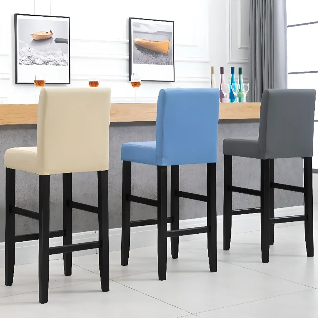 Traditional Square Espresso Wood Leather Upholstered Bar Stool Image - 6