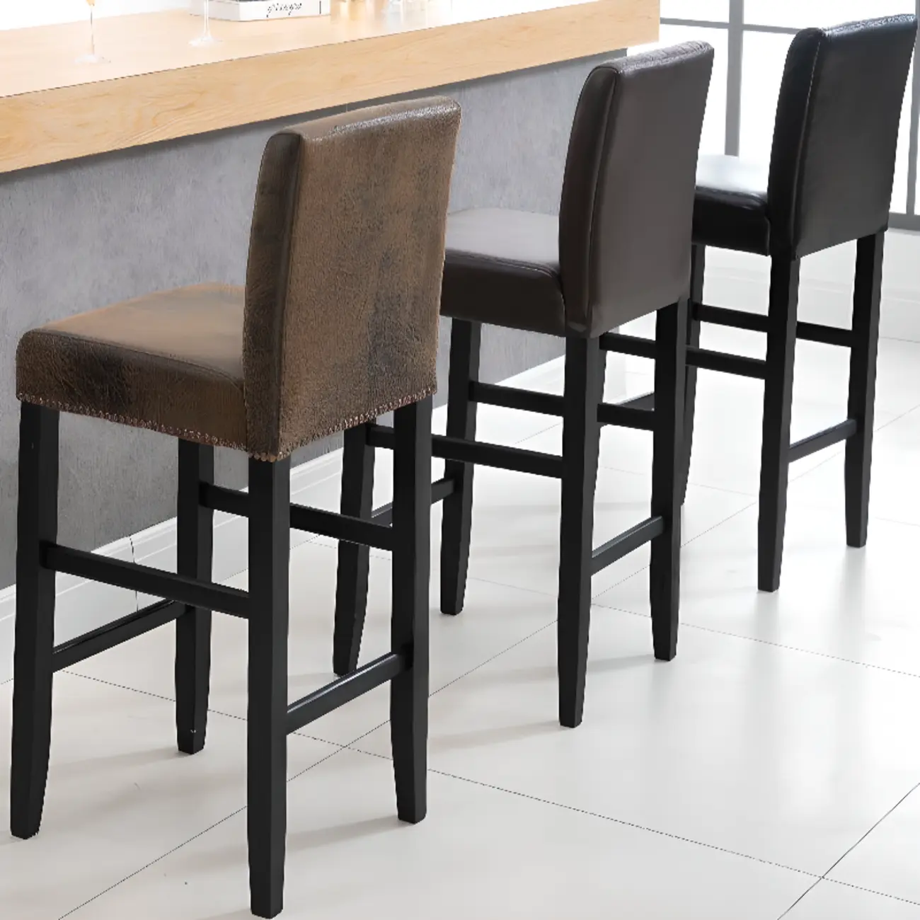Traditional Square Espresso Wood Leather Upholstered Bar Stool Image - 2 | homeyfad