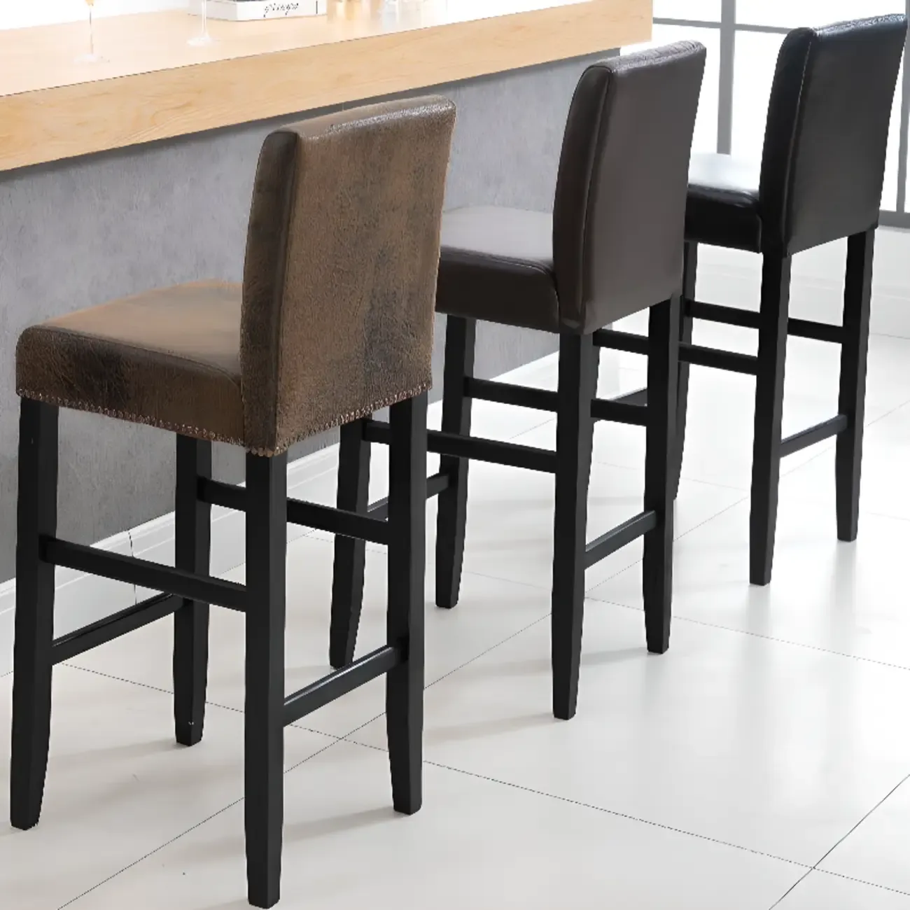 Traditional Square Espresso Wood Leather Upholstered Bar Stool Image - 2