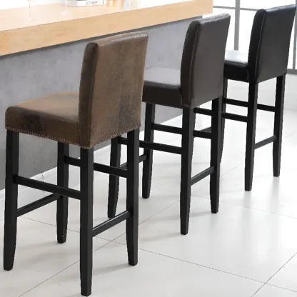 Traditional Square Espresso Wood Leather Upholstered Bar Stool Image - 2