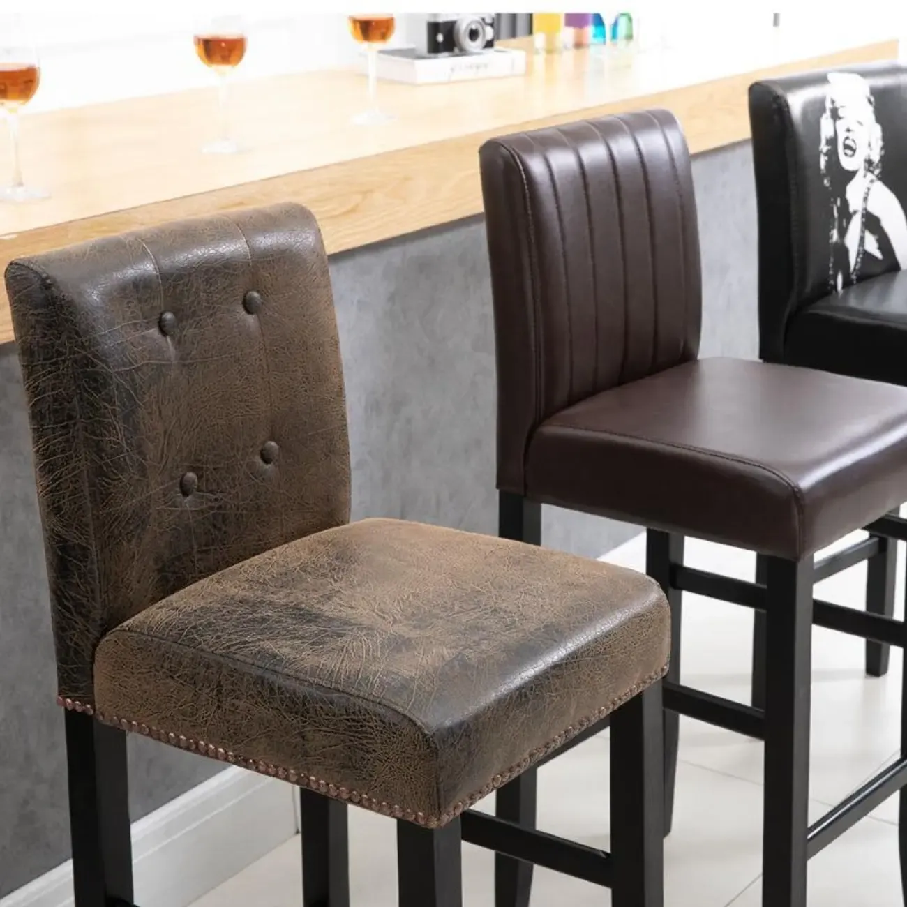 Traditional Square Espresso Wood Leather Upholstered Bar Stool Image - 4