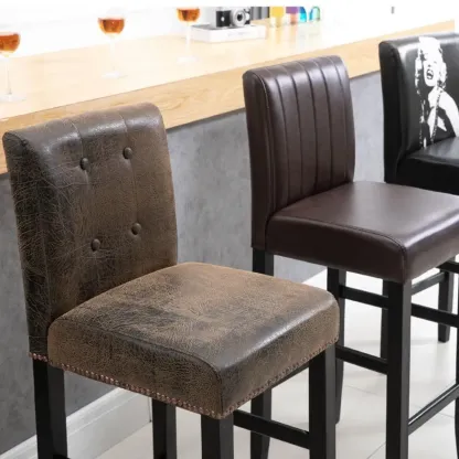 Traditional Square Espresso Wood Leather Upholstered Bar Stool Image - 4