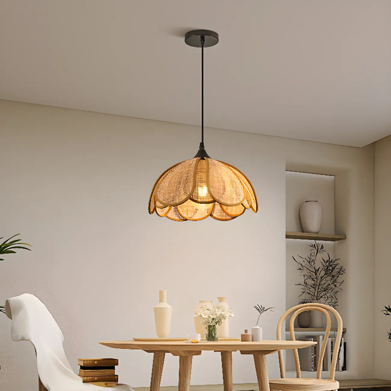 Rustic Rattan Floral Dome Pendant Light | homeyfad