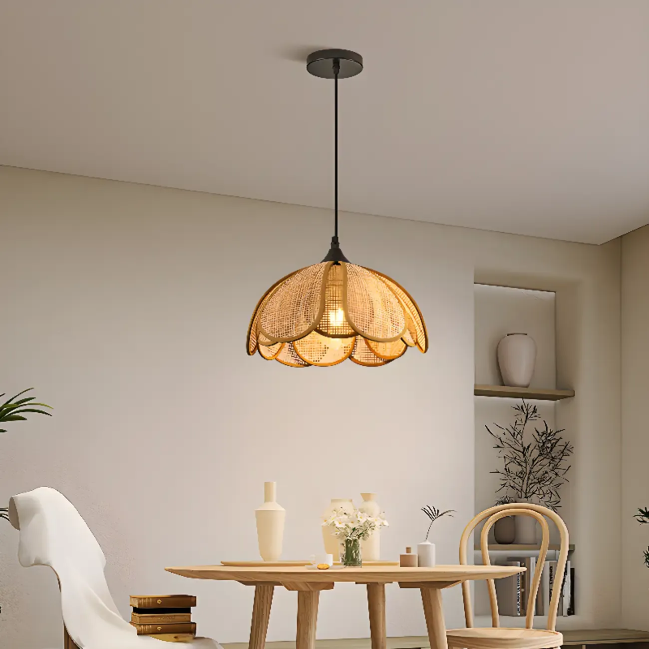 Rustic Rattan Floral Dome Pendant Light