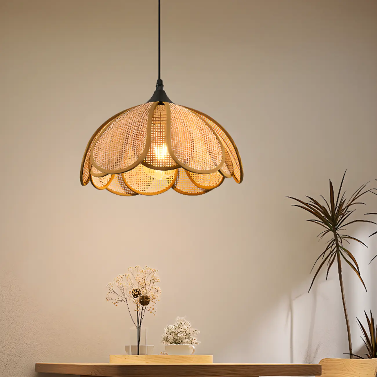Rustic Rattan Floral Dome Pendant Light | homeyfad