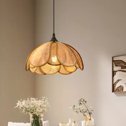 Rustic Rattan Floral Dome Pendant Light