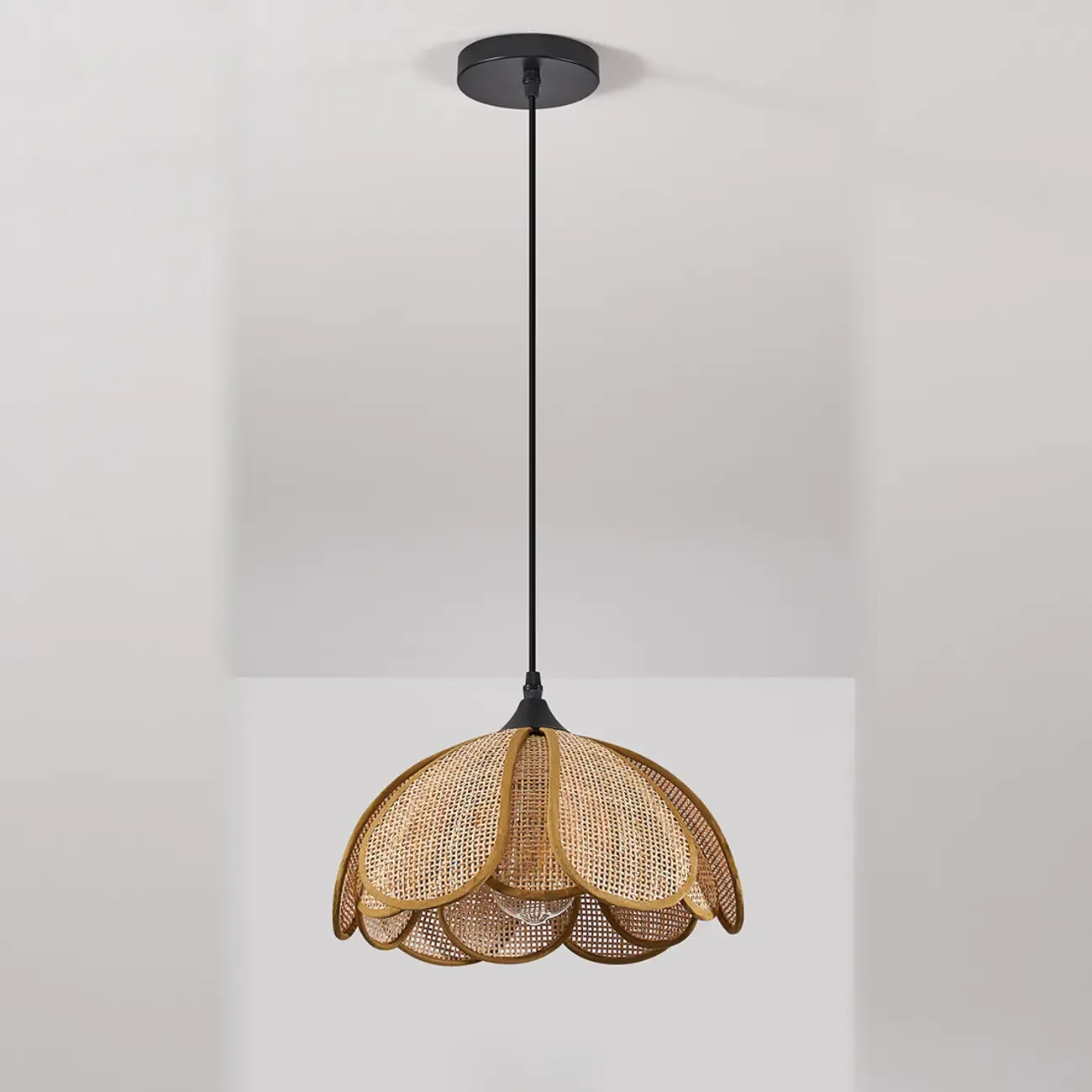 Rustic Rattan Floral Dome Pendant Light