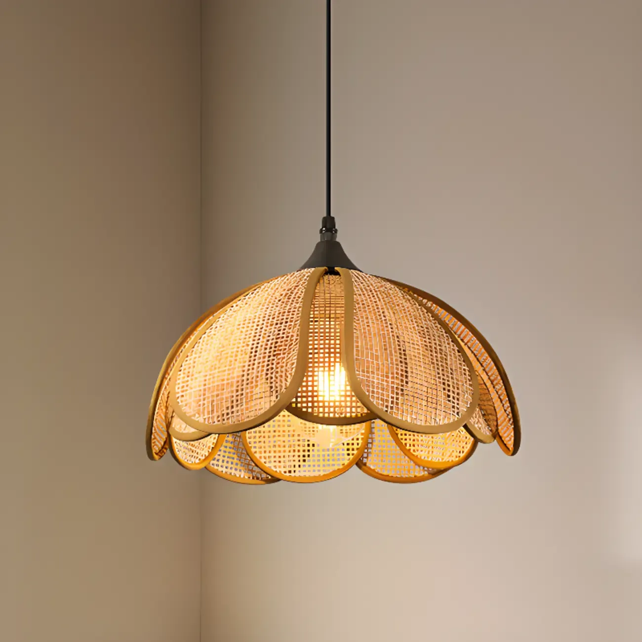Rustic Rattan Floral Dome Pendant Light