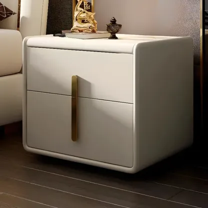 Modern Leather Top Wood 2-Drawer Nightstand Image - 1