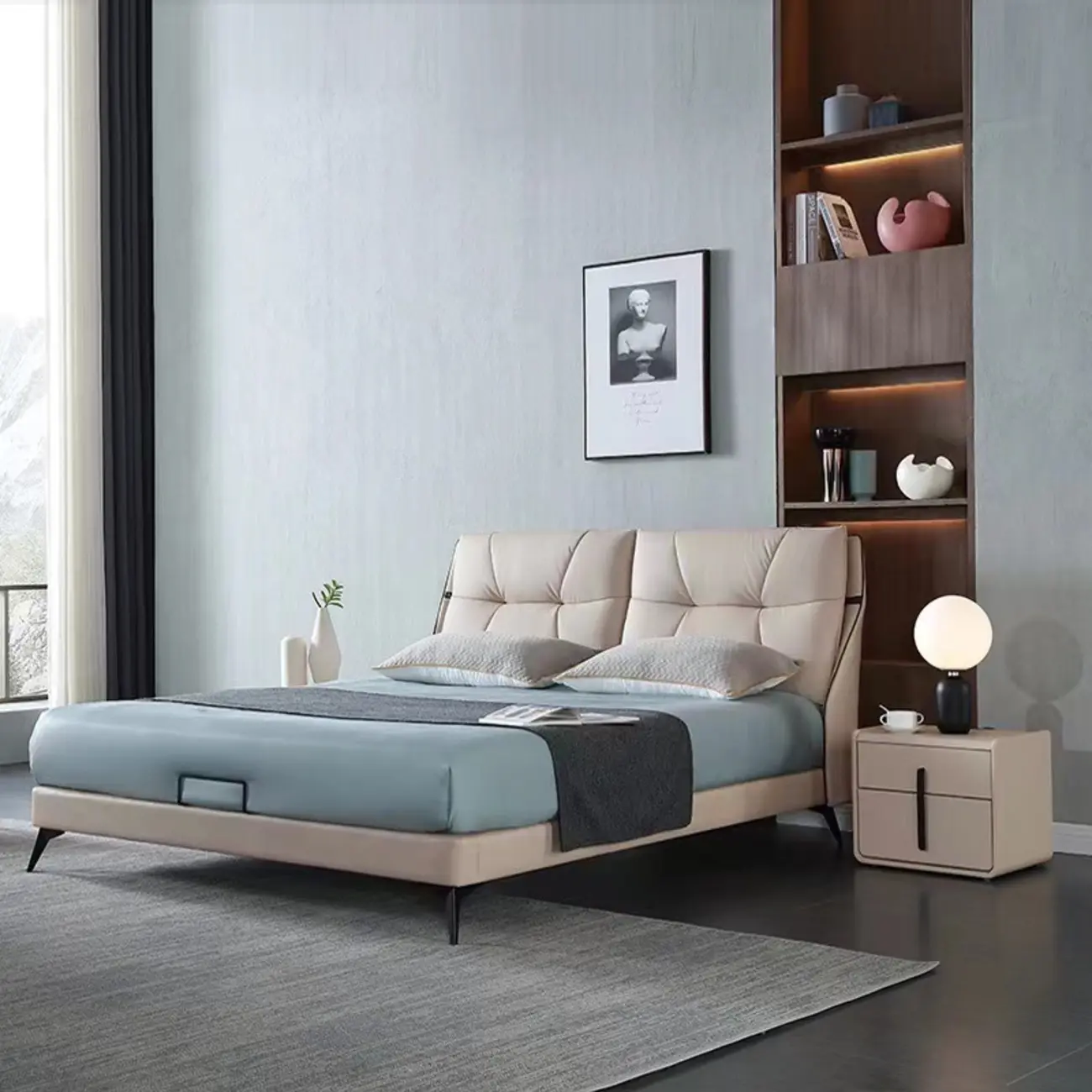 Modern Leather Top Wood 2-Drawer Nightstand Image - 5 | homeyfad