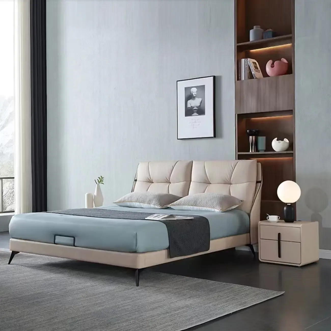 Modern Leather Top Wood 2-Drawer Nightstand Image - 5