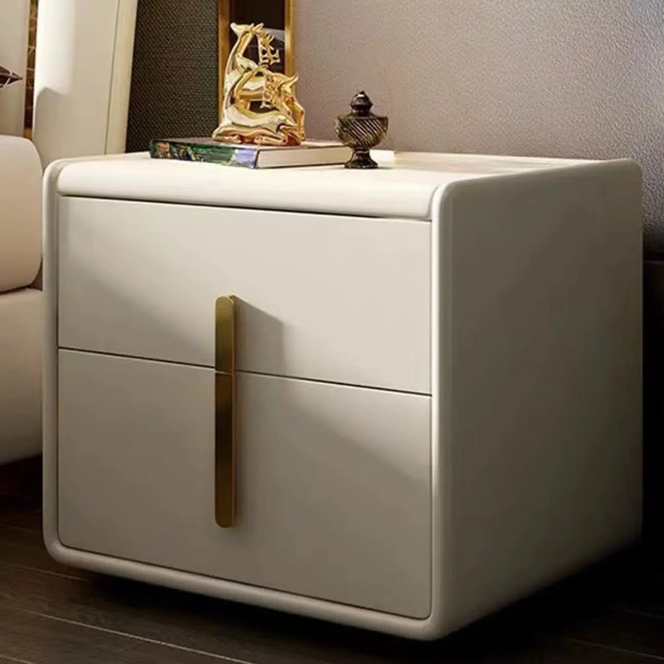 Modern Leather Top Wood 2-Drawer Nightstand Image - 3 | homeyfad