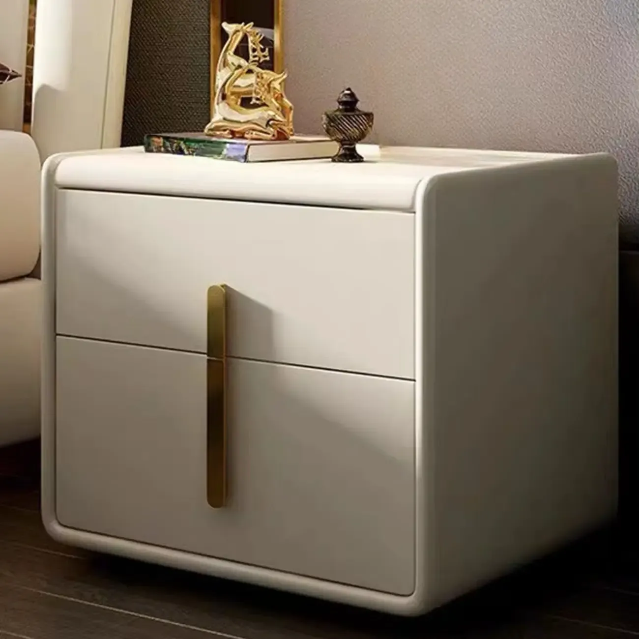 Modern Leather Top Wood 2-Drawer Nightstand Image - 3