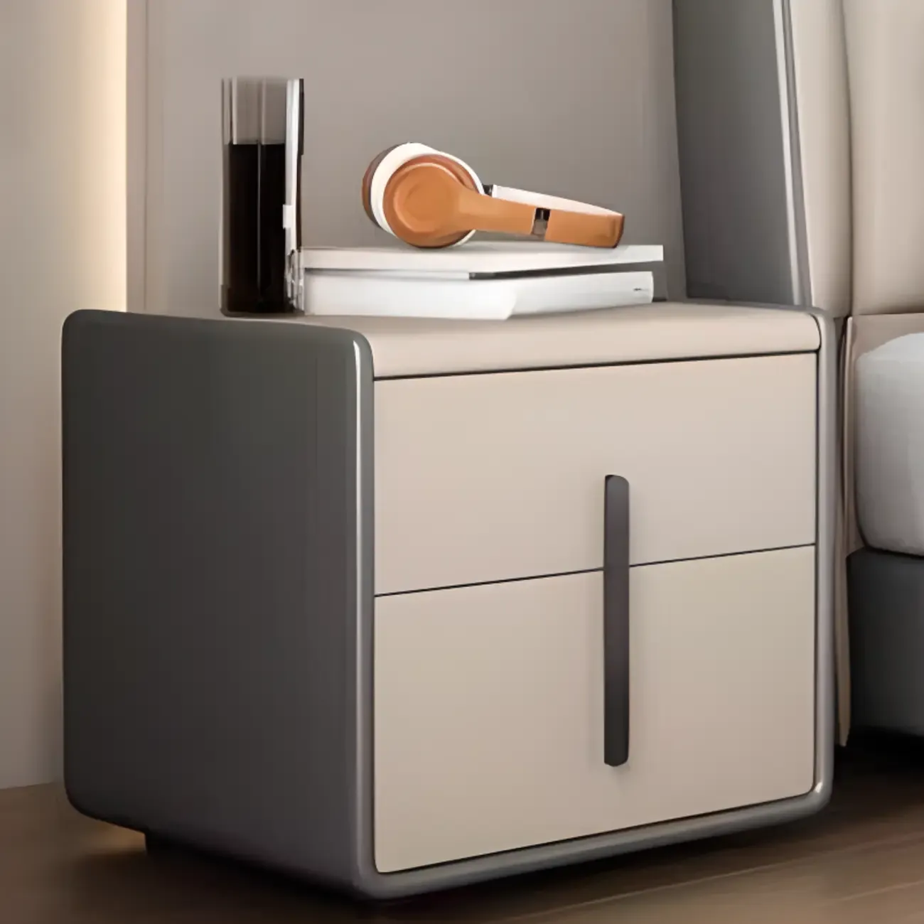 Modern Leather Top Wood 2-Drawer Nightstand Image - 4