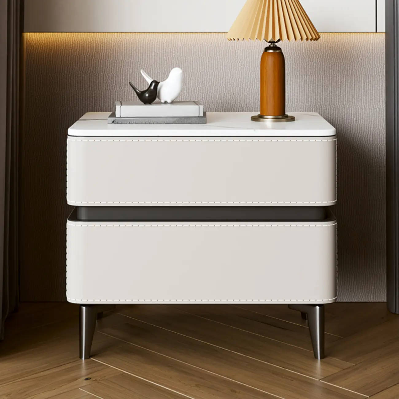 Stylish Faux Marble Leather Drawer Nightstand with Metal Legs Image - 1 | homeyfad