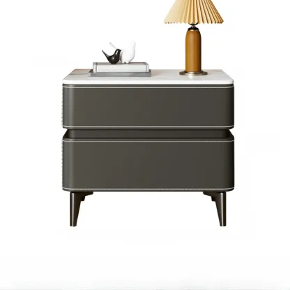 Stylish Faux Marble Leather Drawer Nightstand with Metal Legs Image - 7