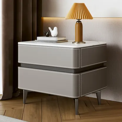 Stylish Faux Marble Leather Drawer Nightstand with Metal Legs Image - 4