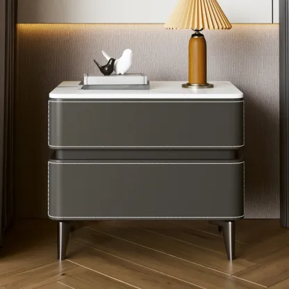 Stylish Faux Marble Leather Drawer Nightstand with Metal Legs Image - 3