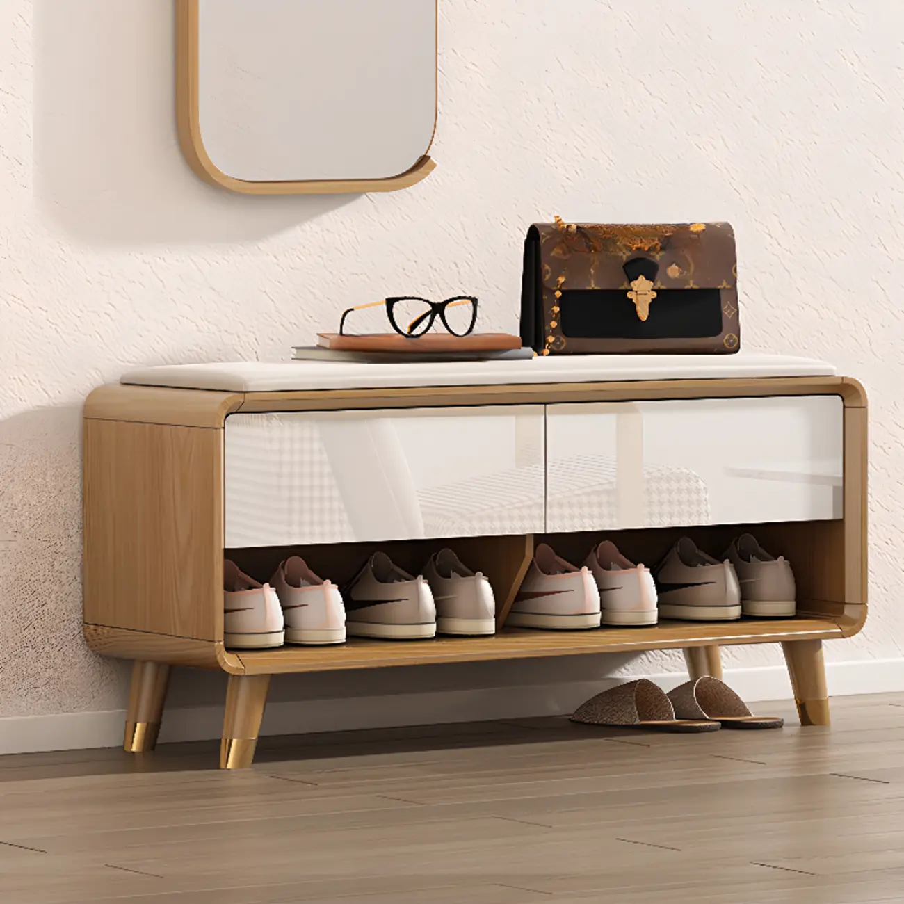 Natural Wood Shoe Storage Bench with Drawers Image - 1 | homeyfad