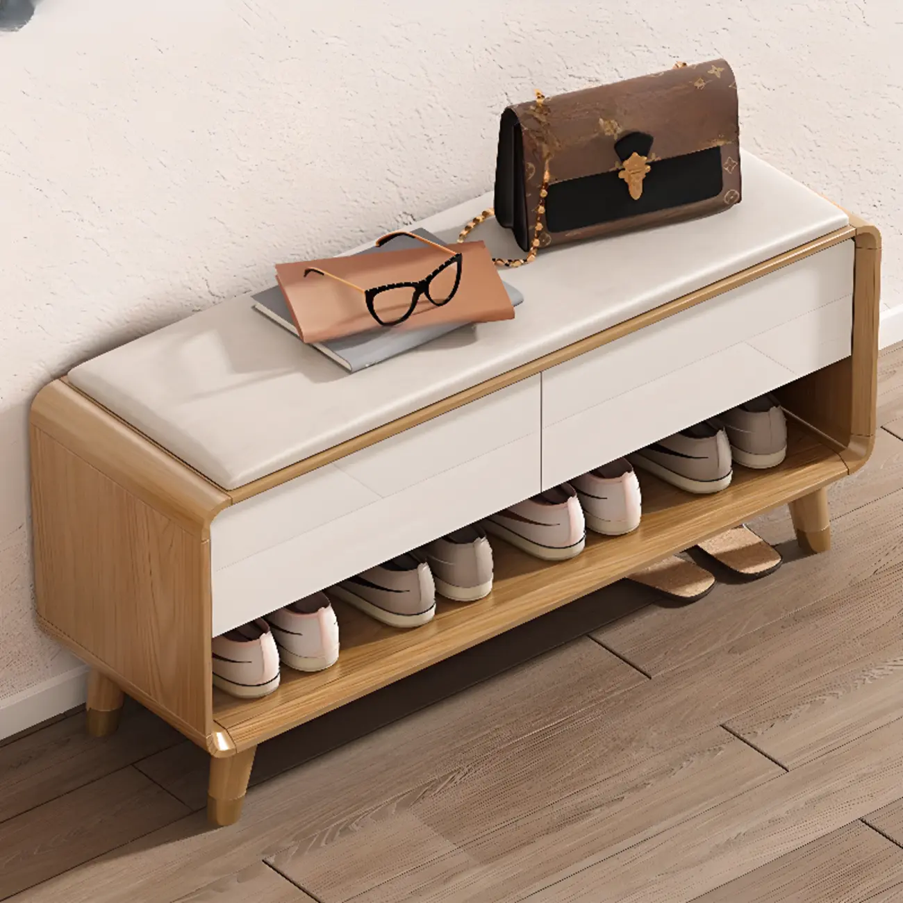 Natural Wood Shoe Storage Bench with Drawers Image - 2 | homeyfad