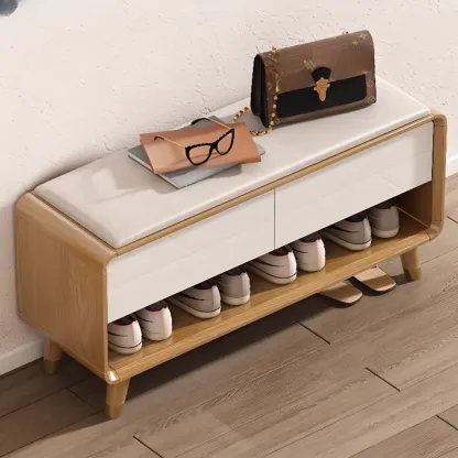Natural Wood Shoe Storage Bench with Drawers Image - 2