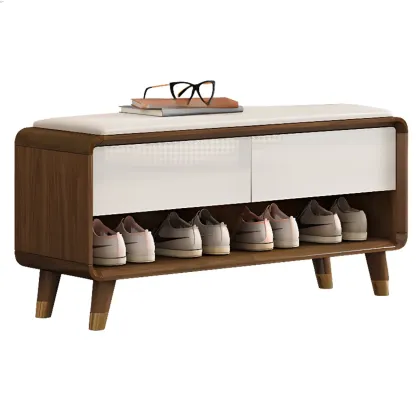Natural Wood Shoe Storage Bench with Drawers Image - 5
