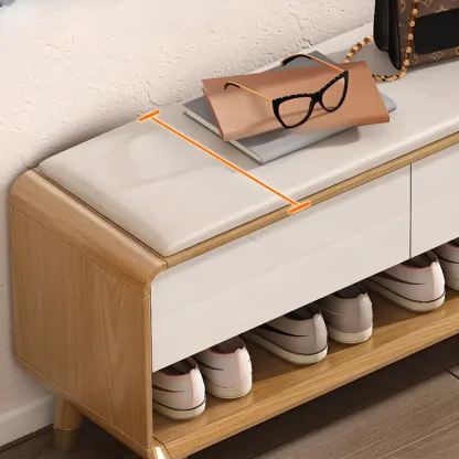 Natural Wood Shoe Storage Bench with Drawers Image - 6